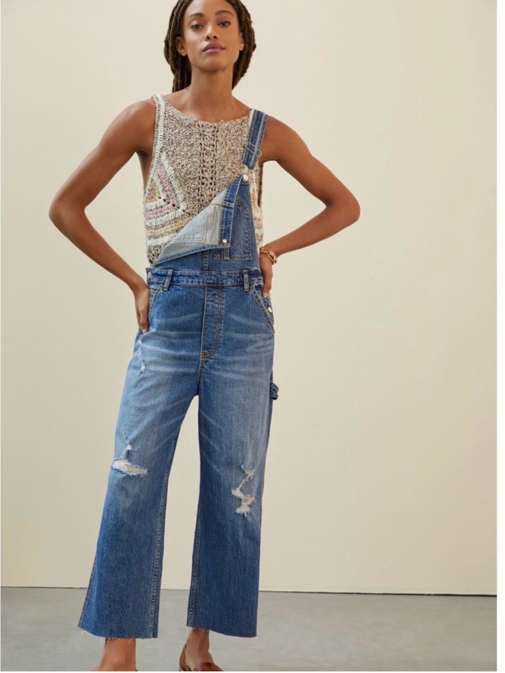 Anthropologie Distressed Medium-Blue Wide-Leg Denim Overalls